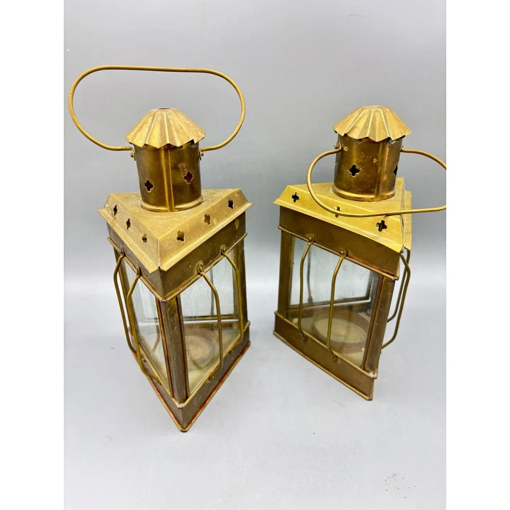 Pair of Vintage Brass Lanterns Candle Holders Glass Panels Decorative Accent